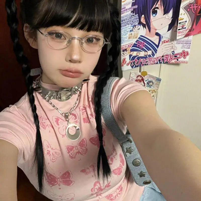 Cathy Dollette Korean Style Cotton T Shirt  Short Sleeve Butterfly  Vintage Top 2000s Pink Skinny Tshirts Summer