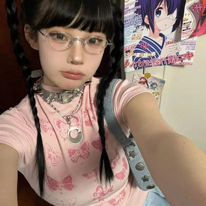 Cathy Dollette Korean Style Cotton T Shirt  Short Sleeve Butterfly  Vintage Top 2000s Pink Skinny Tshirts Summer