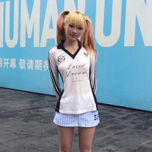 Cathy Dollette Japanese  Jersey  Trashy 2000s Style Long Sleeve Sheer TopVintage Harajuku Transluce V-neck Tshirt Blokecore