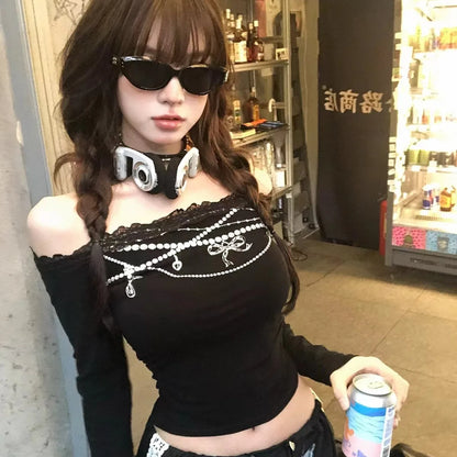 Cathy Dollette Vintage Print T Shirt  Skinny Long Sleeve Graphic Top  Aesthethic Crop TopOff Shoulder Tshirts