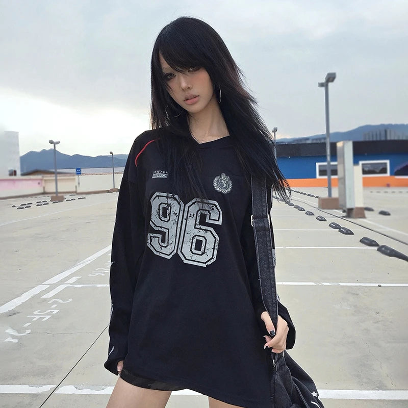 Cathy Dollette Trashy  Jersey TopGrunge s Number Print  Vintage 2000s Long Sleeve Streetwear American Retro 90s