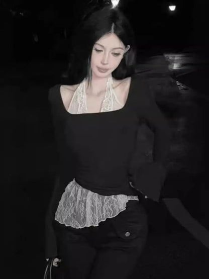 Cathy Dollette Fairycore Patchwork Lace Halter Top's  Long Sleeve Tees Female Clothing 2000s Clothes  Autumn TopChic