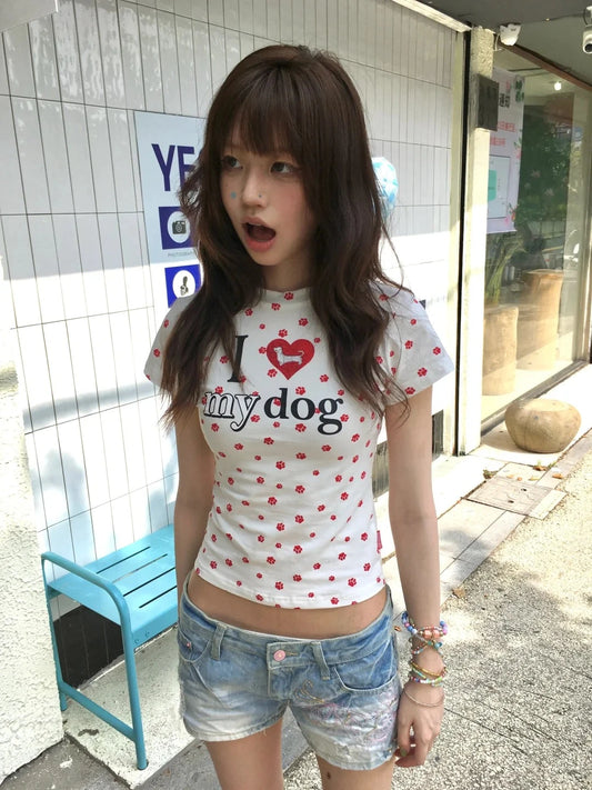 Cathy Dollette  Japanese Print T Shirt  Short Sleeve Slim 2000s  Graphic TopKorean Style Vintage Tshirts Summer