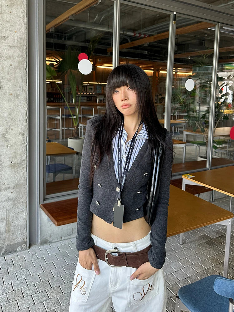 Cathy Dollette England Style Patchwork Fake Two Piece TopAutumn T Shirt  Clothes Long Sleeve 2000s Clothes  Tees Female Chic