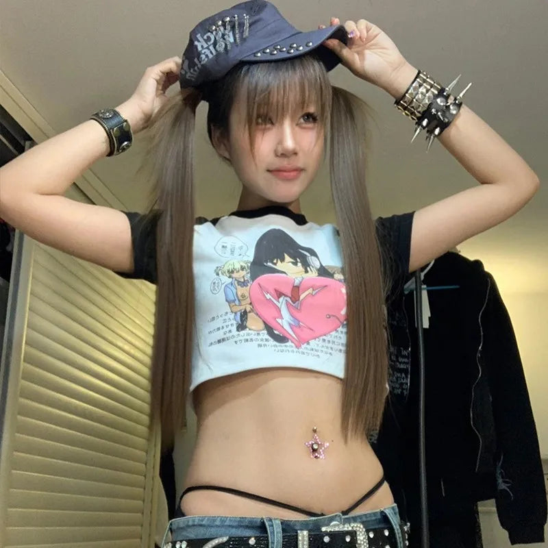 Cathy Dollette Japanese  Anime Print Crop Top Trashy 2000s Graphic T Shirts Harajuku Short Sleeve Patchwork  Korean Popular