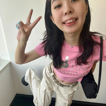 Cathy Dollette Japanese  Pink Crop Top 2000s s Kawaii Print  Harajuku Cutecore Short Sleeve Tee Shirt Korean Popular