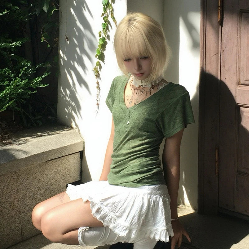 Cathy Dollette Japanese  Green Knitted  Trashy 2000s Style V-neck Top Vintage Harajuku Short Sleeve Tee Shirt American Retro