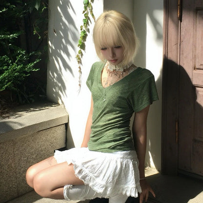 Cathy Dollette Japanese  Green Knitted  Trashy 2000s Style V-neck Top Vintage Harajuku Short Sleeve Tee Shirt American Retro