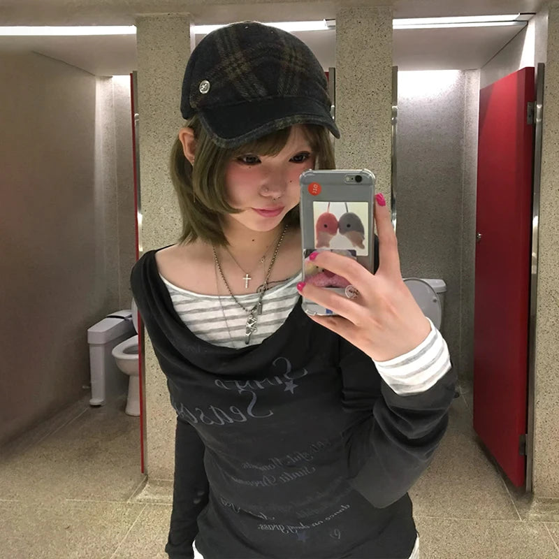 Cathy Dollette Japanese  Fake Two-piece Top2000s Style Letter Print Long Sleeve  Vintage Harajuku Patchwork TopKorean 90s