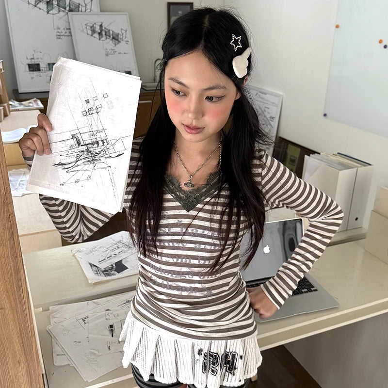 Cathy Dollette Japanese  V-neck Striped  Trashy 2000s Lace Patchwork Top Vintage Harajuku Letter Print T Shirt American Retro