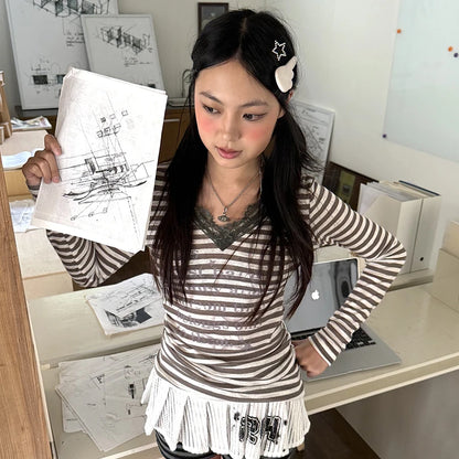 Cathy Dollette Japanese  V-neck Striped  Trashy 2000s Lace Patchwork Top Vintage Harajuku Letter Print T Shirt American Retro