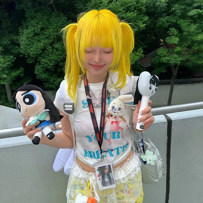 Cathy Dollette Japanese  Letter Print  2000s s Anime Crop Top Vintage Harajuku Short Sleeve Tee Shirt Kawaii Lolita