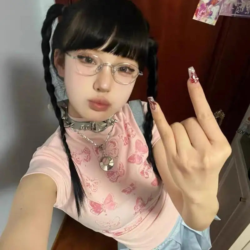 Cathy Dollette Korean Style Cotton T Shirt  Short Sleeve Butterfly  Vintage Top 2000s Pink Skinny Tshirts Summer