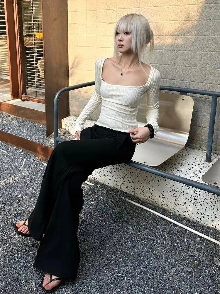 Cathy Dollette Hotsweet Square Collar Knitwear 's  Long Sleeve Slim 2000s Clothes  Pullover Autumn TopTees Female Chic