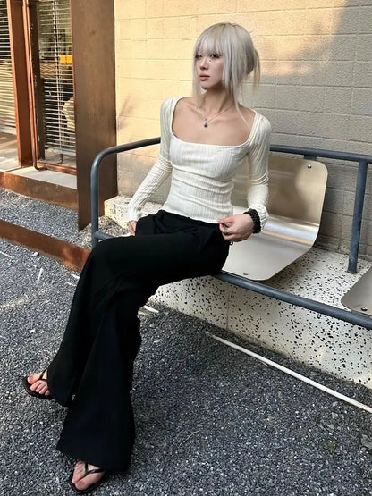 Cathy Dollette Hotsweet Square Collar Knitwear 's  Long Sleeve Slim 2000s Clothes  Pullover Autumn TopTees Female Chic