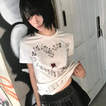 Cathy Dollette Japanese  Heart print  Trashy 2000s Style Short Sleeve Tee Shirt Vintage Harajuku Streetwear Grunge s
