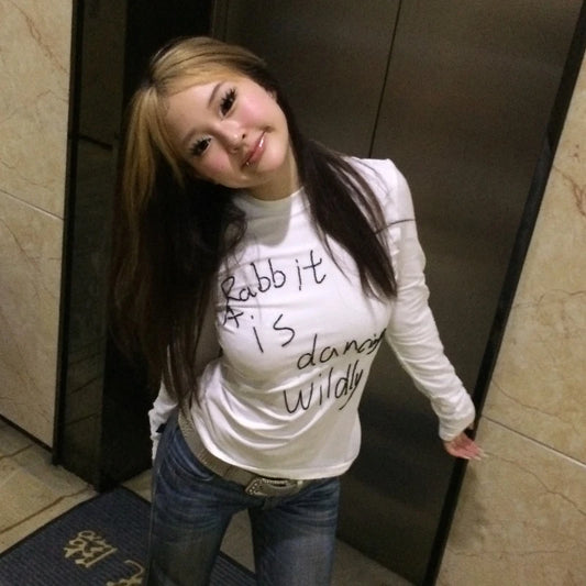 Cathy Dollette Japanese  Letter Print  Vintage Harajuku Long Sleeve T Shirts 2000s s Whiter TopAmerican Retro 90s