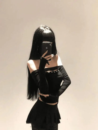 Cathy Dollette Rivet Hollow Out 's  Long Sleeve Black 2000s Clothes  Slim Autumn TopOff Shoulder Tees Female Clothing