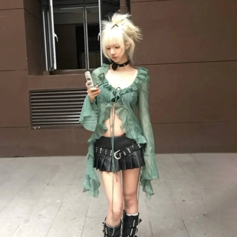 Cathy Dollette Japanese  Lace Shirt Vintage 2000s Style Ruffles Blouses Grunge s Irregular Green Shirts American Retro 90s