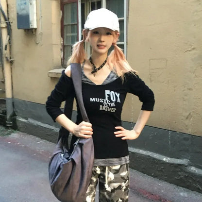 Cathy Dollette Japanese  Fake Two-piece TopTrashy 2000s Off Shoulder  Vintage Harajuku Long Sleeve T Shirts Grunge Gothic