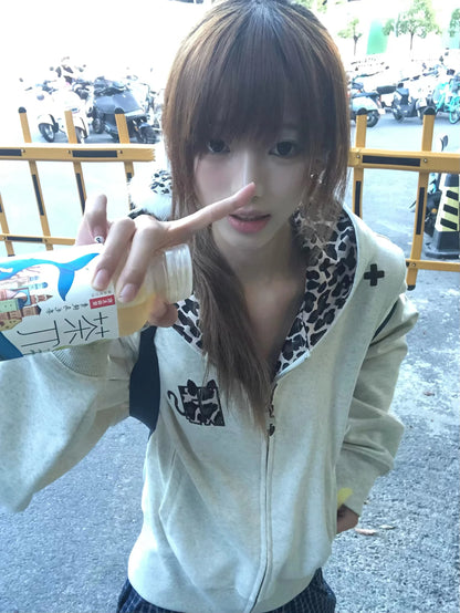 Cathy Dollette Japanese  Devil Hooded Jacket 2000s Style Puppy Print Outerwears Vintage Harajuku Thin Zipper Coat American Retro 90s