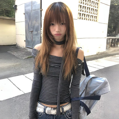 Cathy Dollette Japanese  Off Shoulder Knitted Top2000s Style Long Sleeve Striped  With Scarf Vintage Harajuku Knitwear 90s
