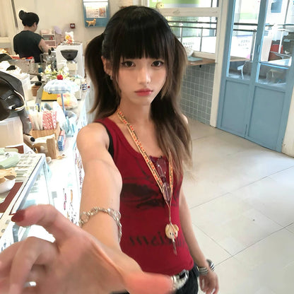 Cathy Dollette Japanese  Letter Print Tank Top Trashy 2000s Style Red Tanktop Vintage Harajuku Sleeveless Crop Top American Retro
