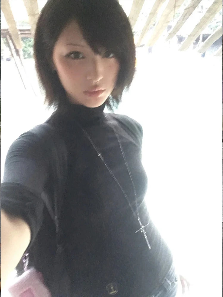 Cathy Dollette  Japanese   Long Sleeve Black Half Turtleneck Tee TopVintage Classic Style Slim Basic Top