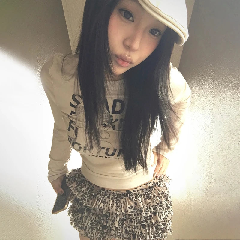 Cathy Dollette Japanese  Letter Print  Trashy 2000s Style Long Sleeve Crop Top Vintage Harajuku Grunge T Shirt American Retro