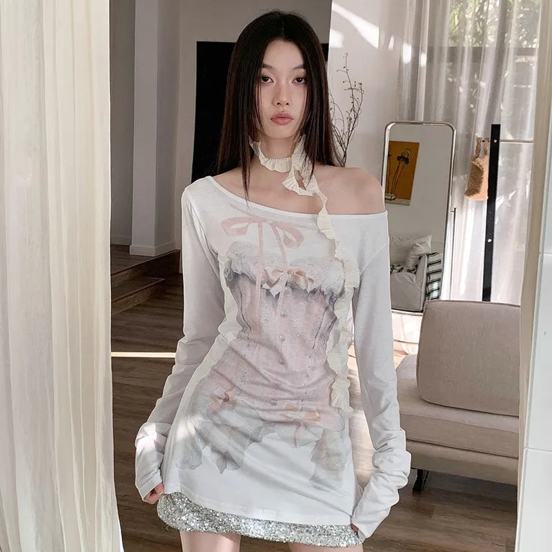Cathy Dollette Harajuku Print Graphic Top Off Shoulder  Vintage T Shirt Streetwear Korean Style Casual Loose Tee Top2000s