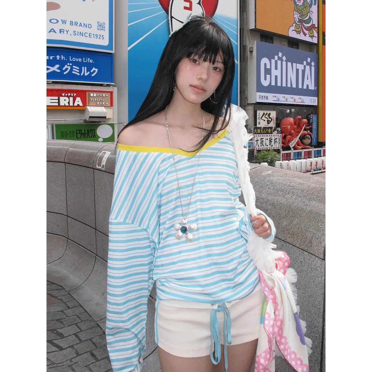 Cathy Dollette Japanese  Blue Striped  Korean 2000s Style V-neck Long Sleeve T Shirt Vintage Harajuku Off Shoulder Loose Tops