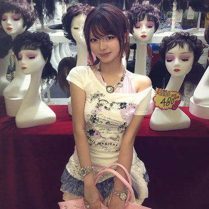 Cathy Dollette Japanese  Fake Two-piece  Trashy 2000s Style Patchwork TopVintage Harajuku Irregular T Shirt American Retro