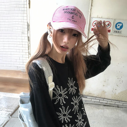 Cathy Dollette Japanese  Sunflower Print  2000s Style Long Sleeve Black T Shirt Vintage Harajuku Loose Streetwear American