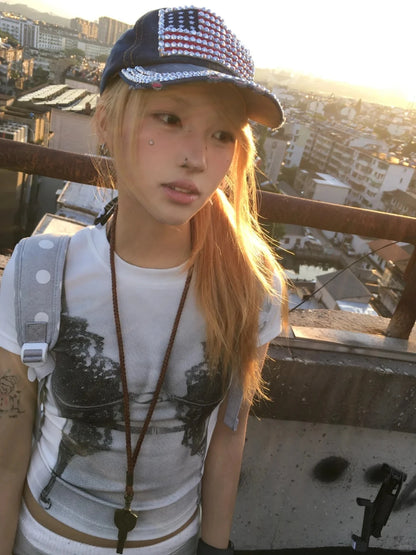 Cathy Dollette Korean Style Print T Shirt  Short Sleeve Slim  Vintage Tee Top 2000s Japanese Grunge TopE-girls