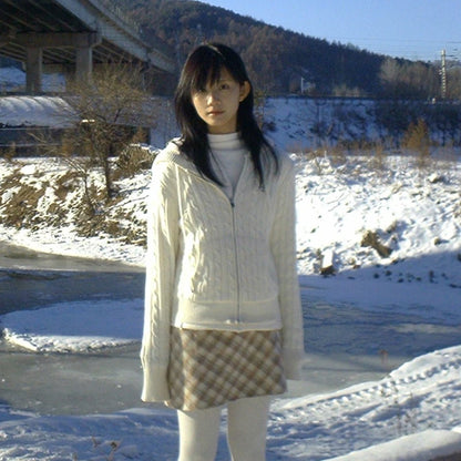 Cathy Dollette Japanese  White Hooded Cardigan 2000s Style Embroidered Knitted Jacket Vintage Harajuku Zipper Knitwear American 90s