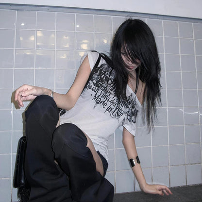 Cathy Dollette Japanese  Letter Print  Trashy 2000s Style Tattoo T Shirt Vintage Harajuku Short Sleeve Sheer TopGrunge Goth