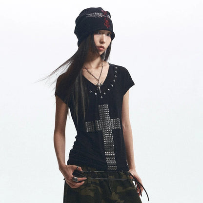 Cathy Dollette Grunge s Metal Cross-print  Trashy 2000s Style V-neck Sheer Top Vintage Gothic Streetwear American Retro