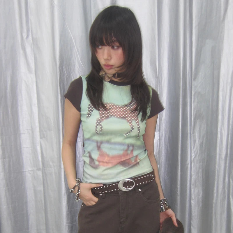 Cathy Dollette  Horse Short Sleeve Patchwork Top