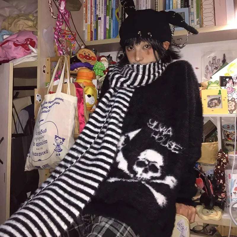 Cathy Dollette Gothic Skulls Sweater Grunge Dark s Knitted Jumper V-neck Harajuku Loose Mohair Pullover Emo Alt Knitwear