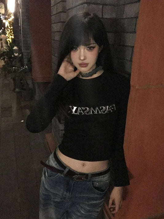 Cathy Dollette Hotsweet Black Print Letter Graphic T Shirts Long Sleeve Slim 2000s Clothes  Tees Female Clothing  Autumn Top