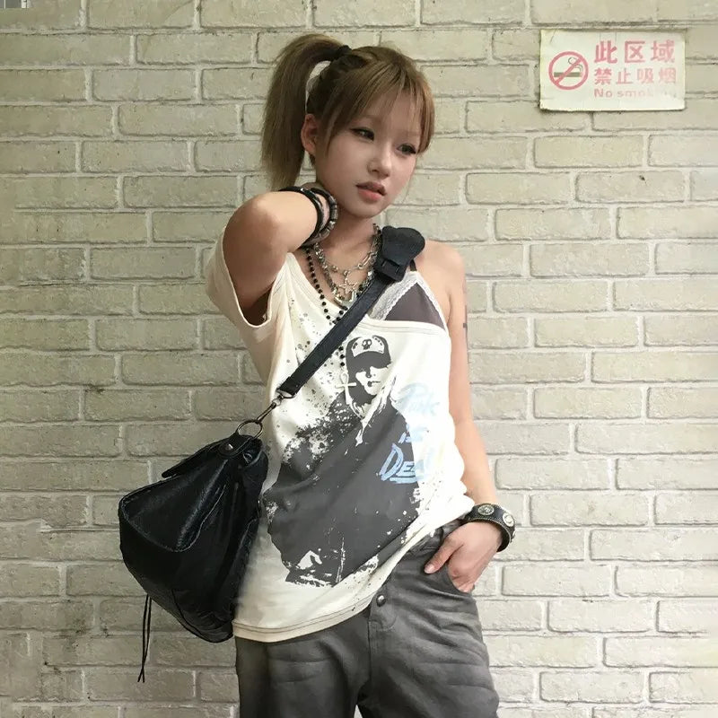 Cathy Dollette  Grunge s Fake Two-piece  Trashy  Graffiti Print T Shirt Vintage Harajuku Irregular Patchwork Top90s