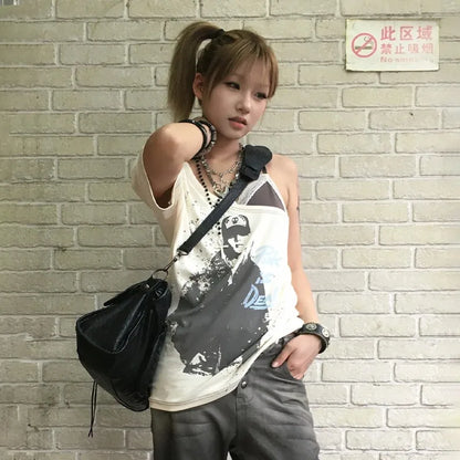 Cathy Dollette  Grunge s Fake Two-piece  Trashy  Graffiti Print T Shirt Vintage Harajuku Irregular Patchwork Top90s