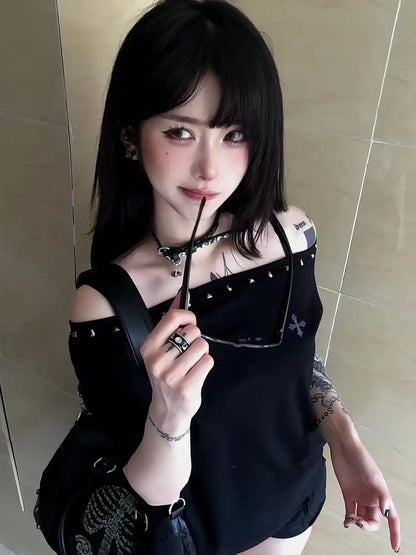 Cathy Dollette Black Off Shoulder Cross 's  Short Sleeve 2000s Clothes  Summer TopTees Female Clothing Chic Vintage