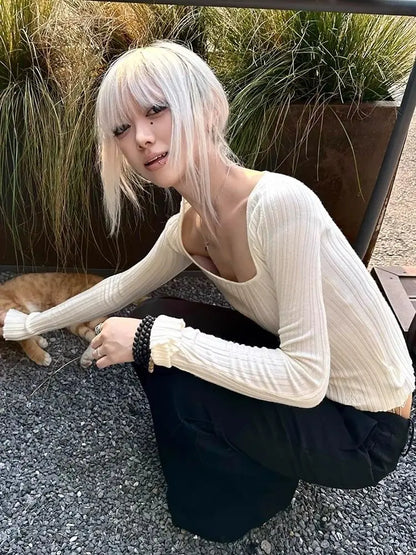 Cathy Dollette Hotsweet Square Collar Knitwear 's  Long Sleeve Slim 2000s Clothes  Pullover Autumn TopTees Female Chic