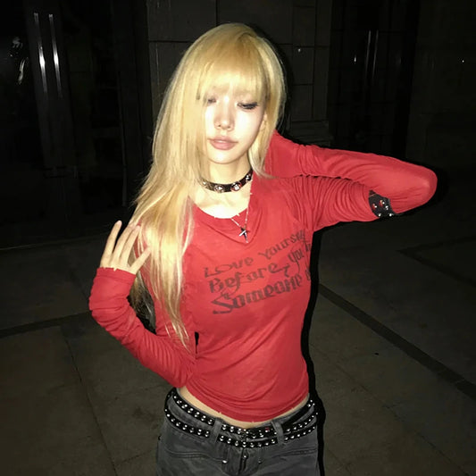 Cathy Dollette Red Distressed Long Sleeve Tee
