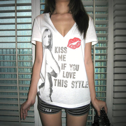 Cathy Dollette Trashy  Letter Print  Grunge s Short Sleeve V-neck TopVintage 2000s Style Tee Shirt American Retro