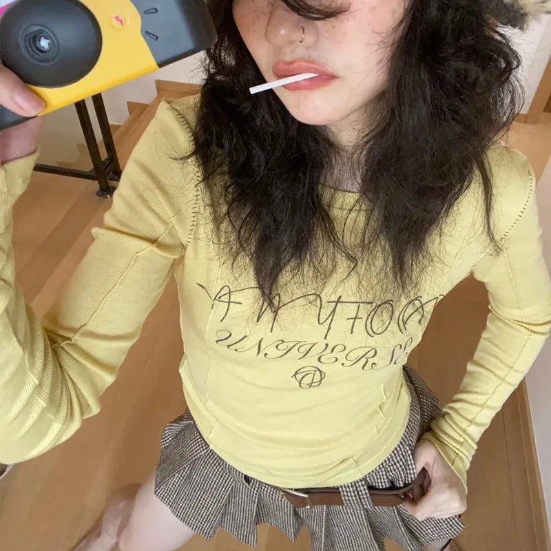 Cathy Dollette  s Yellow  2000s Japanese Harajuku Tee Shirt Grunge Letter Print Long Sleeve Tshirt E-girl Streetwear