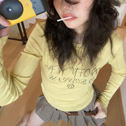 Cathy Dollette  s Yellow  2000s Japanese Harajuku Tee Shirt Grunge Letter Print Long Sleeve Tshirt E-girl Streetwear