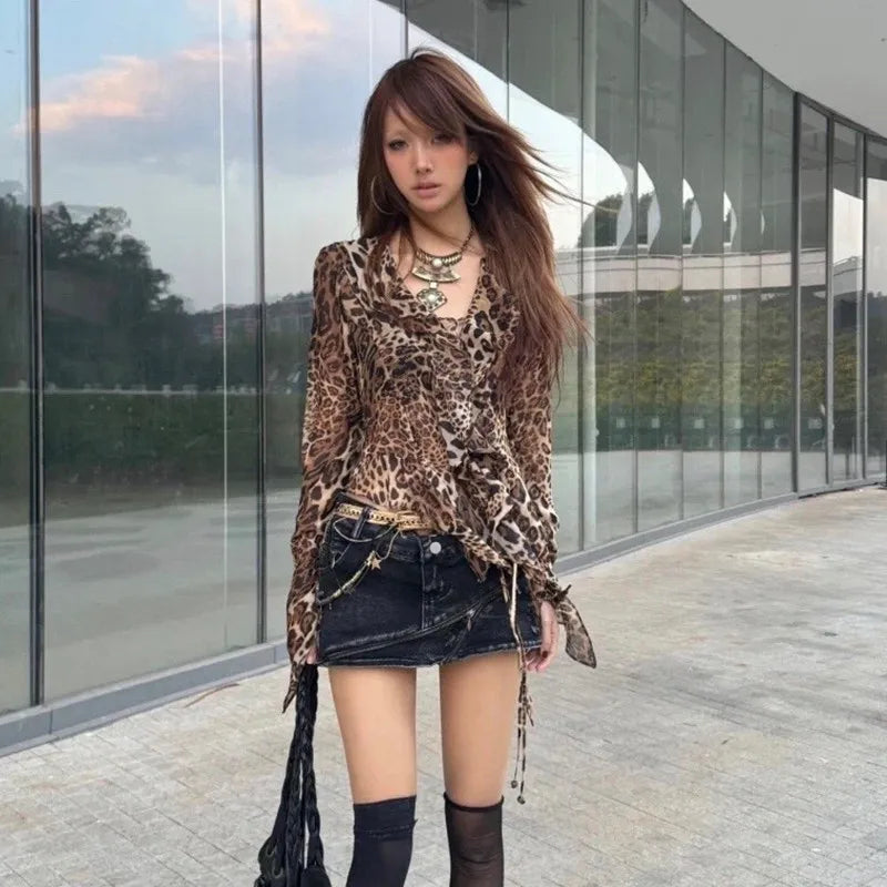Cathy Dollette Japanese  Leopard Print Shirt Vintage Harajuku Ruffled Blouses Grunge s V-neck Irregular Shirt Trashy 90s