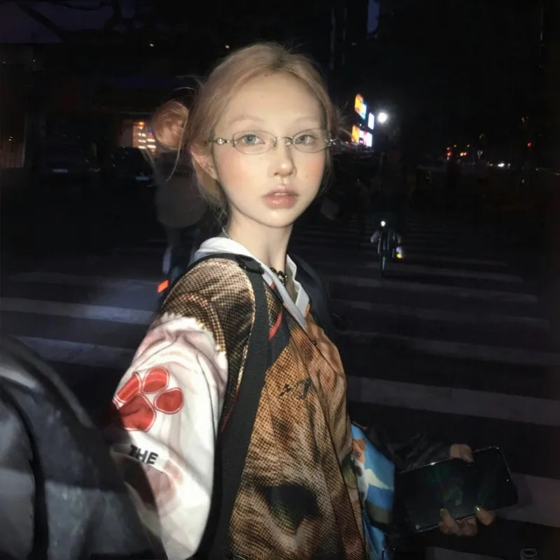 Cathy Dollette Japanese  Kitten Print Jersey  Vintage Harajuku V-neck Long Sleeve Cat TopAmerican Retro Streetwear 2000s